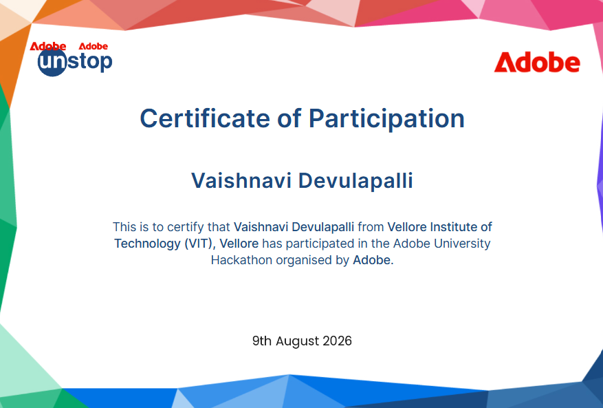 Adobe University Hackathon 2026 certificate of participation