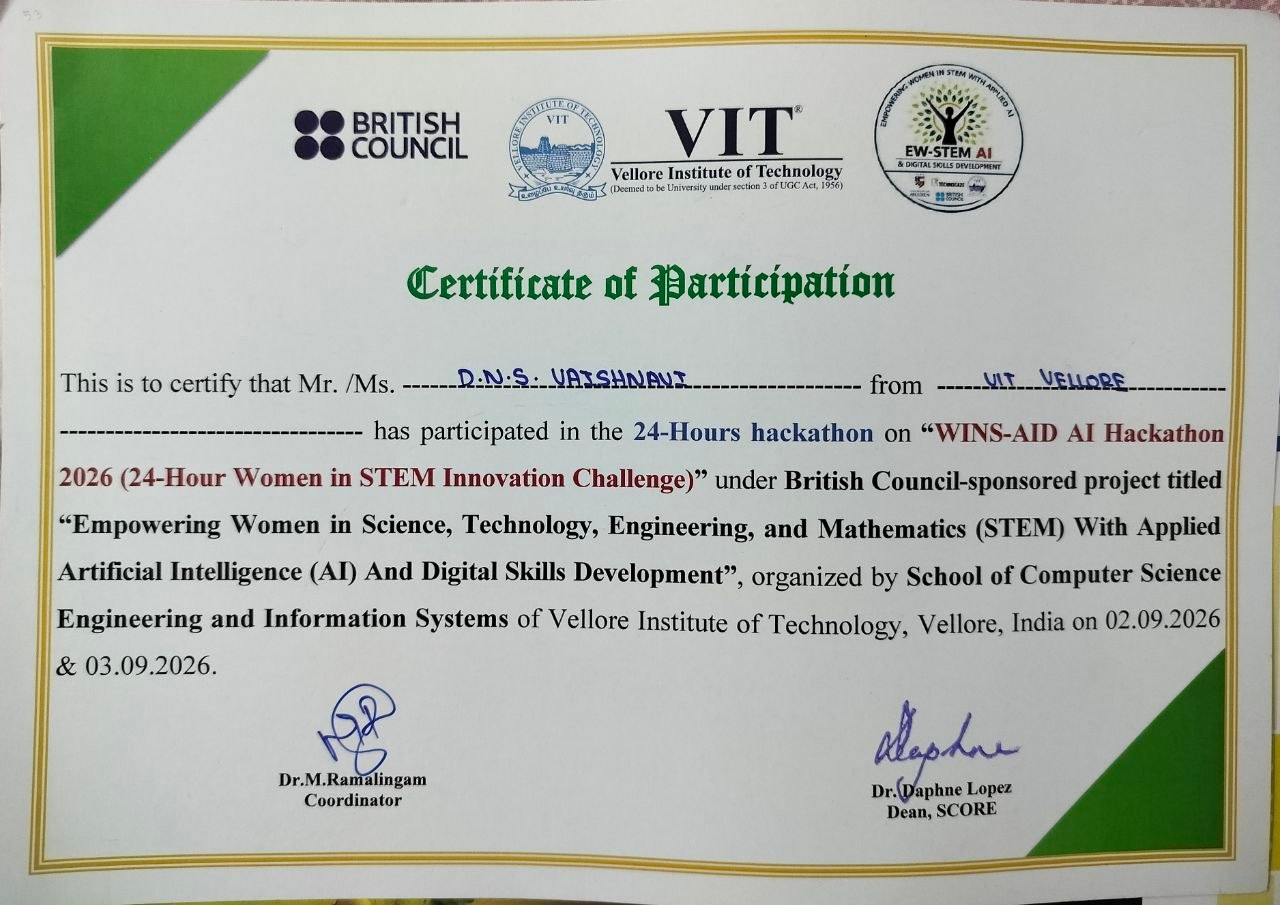 WINS-AID AI Hackathon 2026 certificate of participation